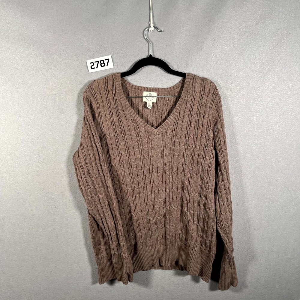 St. John's Bay Sweater Womens 2XL Brown Cotton Cable Knit V Neck V Neck Pullover